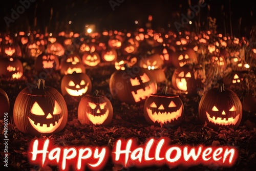 Pumpkin Patch Collage: Pictures of a pumpkin patch with carved jack-o'-lanterns. The text 