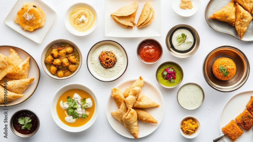 Flat lay of Indian cuisine with various dishes like samosas, chutneys, and desserts on a pristine white background. Flat lay of Indian cuisine with various dishes like samosas, chutneys, and desserts on a pristine white background.