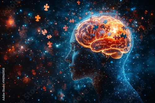 Digital artwork of a human brain illuminated with fiery colors representing neural activity intelligence and the energetic workings of the mind within a vast cosmic environment