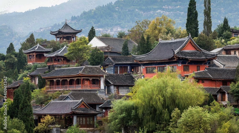 Traditional Chinese Architecture in a Hillside Village