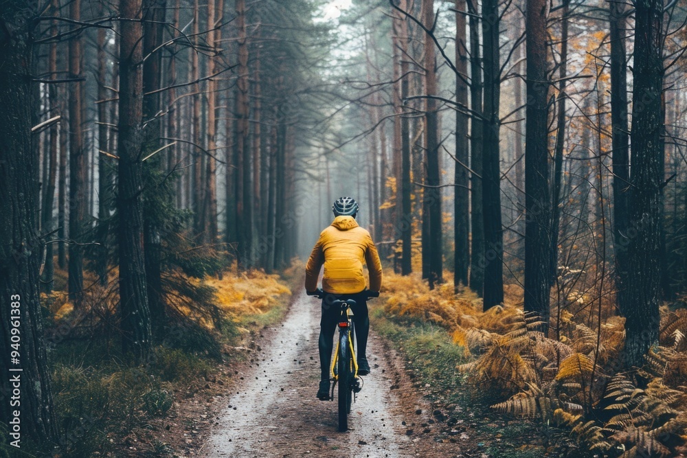 Obraz premium A person rides a bike along a dirt road, surrounded by nature