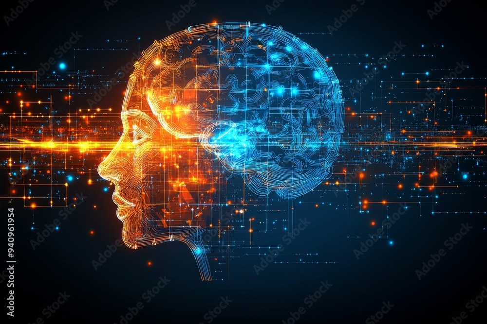 Fototapeta premium Futuristic digital head in vibrant orange and blue tones representing the fusion of technology and human intellect in a modern abstract interpretation of the minds potential and energy