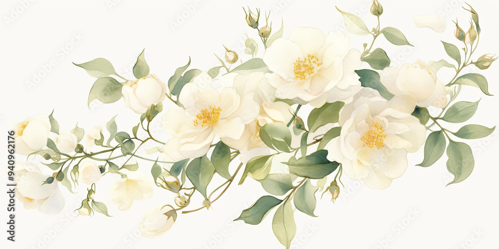 Fototapeta premium Ethereal white roses against a serene backdrop create a timeless beauty captured in this artwork