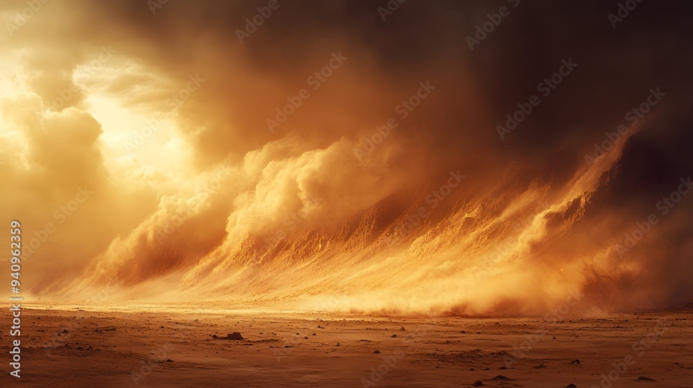 Obraz premium Sandstorm sweeping across a barren desert, harsh weather, gritty atmosphere