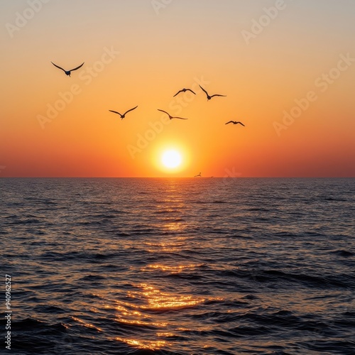 Sunset over the water with birds flying against sunlight on the Mediterranean Sea 