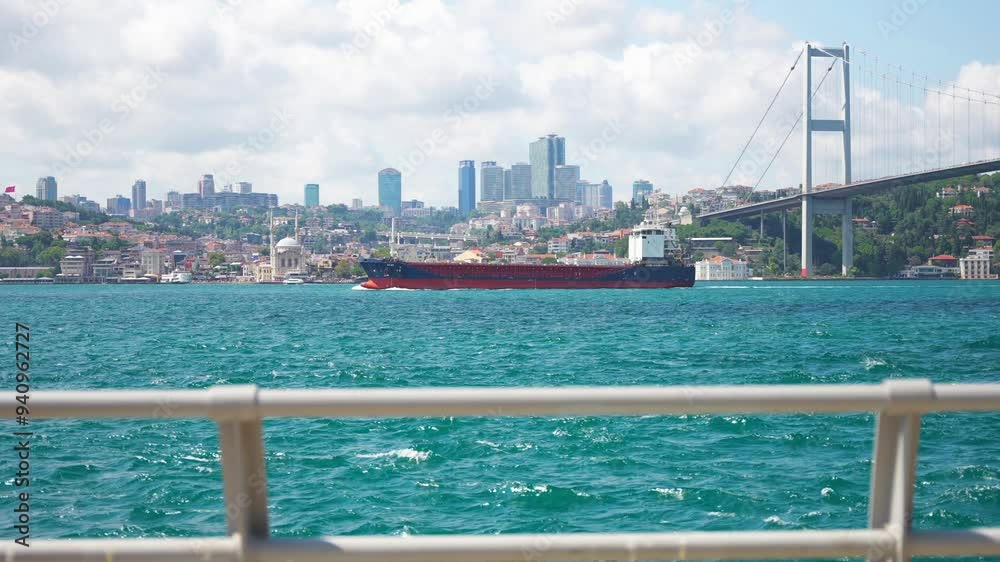 Large cargo tanker ship crossing Bosphorus Strait along European side of Istanbul under The 15 July Martyrs Bridge. The business center of the city in the background Large cargo tanker ship crossing Bosphorus Strait along European side of Istanbul under The 15 July Martyrs Bridge. The business center of the city in the background