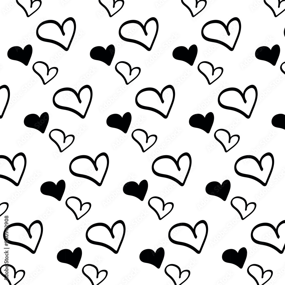 Hearts Doodle Pattern on White Background. Hand Drawn Black Flat Vector Love, Romantic Wallpaper Line and Solid Design Symbols. Valentine's Day Card. Hearts Doodle Pattern on White Background. Hand Drawn Black Flat Vector Love, Romantic Wallpaper Line and Solid Design Symbols. Valentine's Day Card.