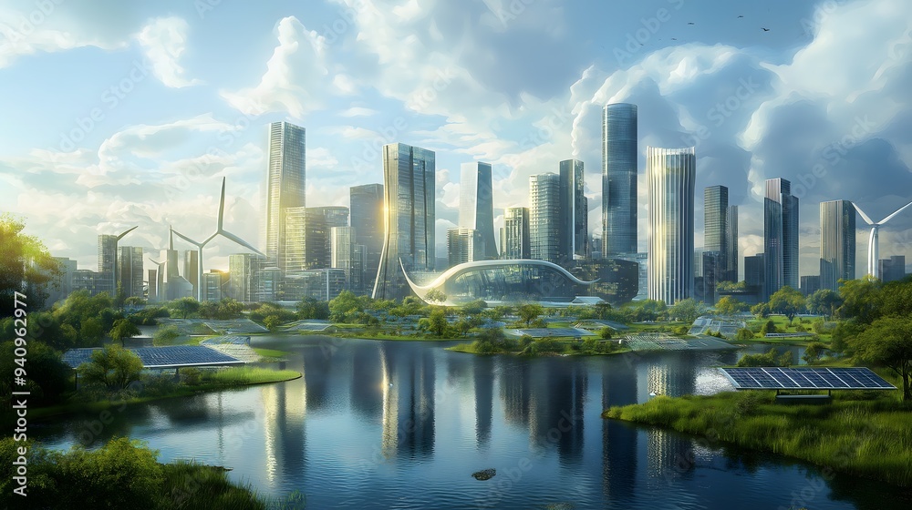 Eco-Friendly Futuristic Cityscape with Solar Panels Eco-Friendly Futuristic Cityscape with Solar Panels