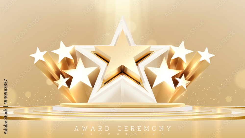 Golden empty podium with star shape 3d elements on back and neon light effect with bokeh decoration. Luxury scene design concept for award ceremony.