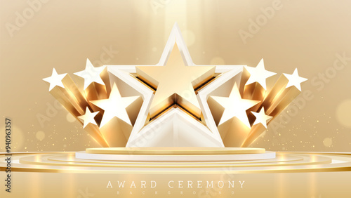 Golden empty podium with star shape 3d elements on back and neon light effect with bokeh decoration. Luxury scene design concept for award ceremony.