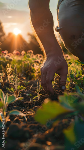 Working hands planting seeds in the soil, sunset background