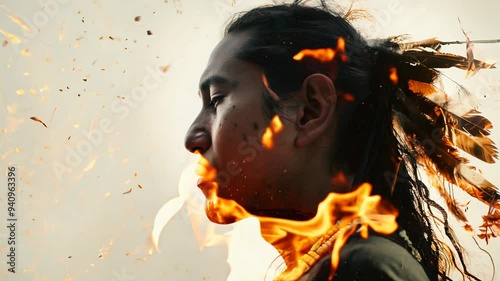 Profile of a native American shaman surrounded by flames and embers on a grey background. Concepts of cultural heritage, fire elements, and intense atmosphere.