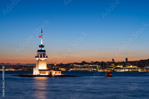 New Maiden's Tower (Kiz Kulesi) in the Sunset Time Drone Photo, Uskudar Istanbul, Turkiye (Turkey) photo