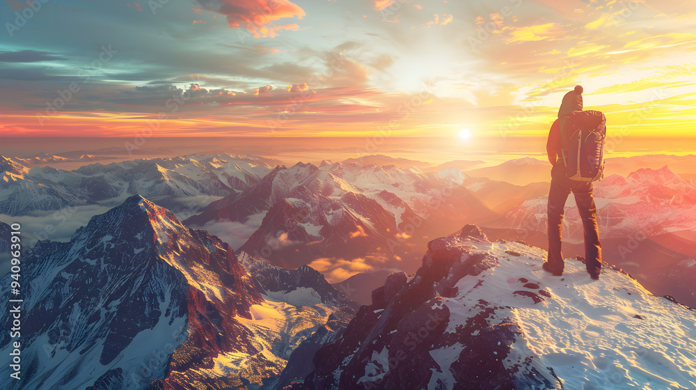 A man standing on top of a mountain looking at the sun cloudy sky in background A man standing on top of a mountain looking at the sun cloudy sky in background