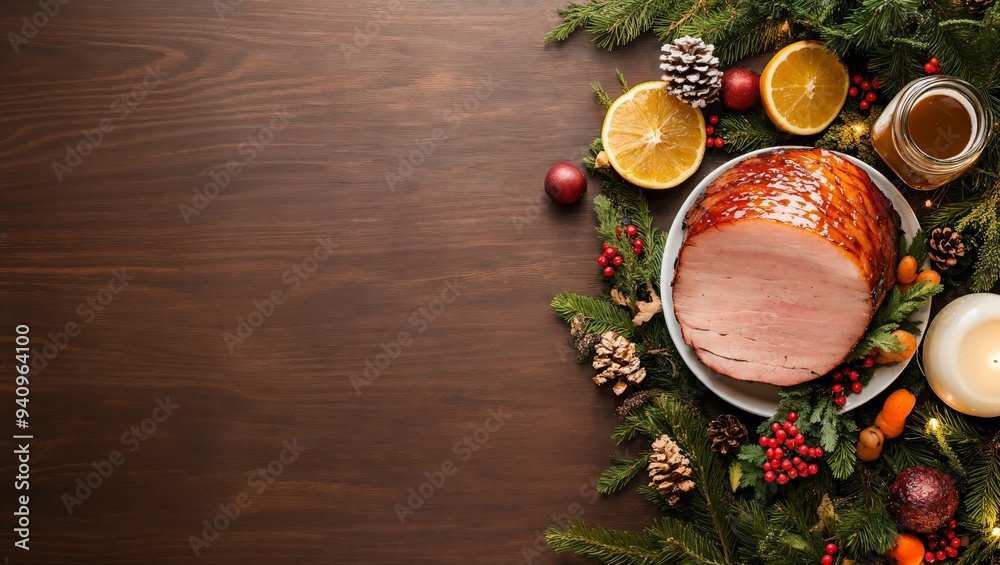 A Charming Festive Feast: A delectable glazed ham surrounded by pine, citrus slices, and festive decor, perfect for holiday gatherings and warm family moments this season. A Charming Festive Feast: A delectable glazed ham surrounded by pine, citrus slices, and festive decor, perfect for holiday gatherings and warm family moments this season.