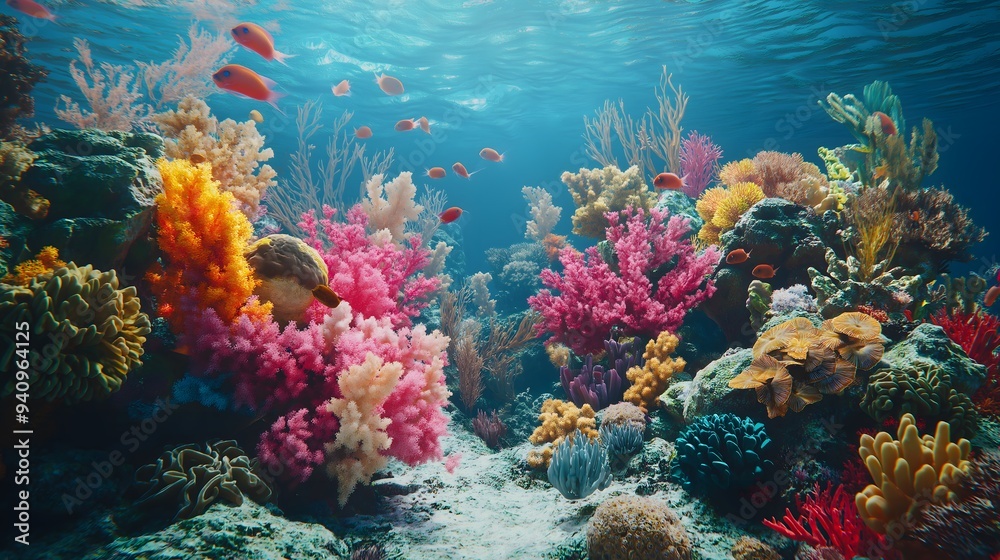 Naklejka premium Vibrant Coral Reef Ecosystem with Tropical Fish
