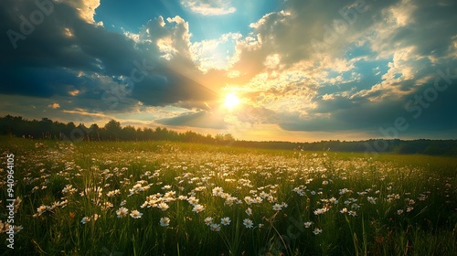 Sunshine breaking through the clouds over a blooming meadow, mixed weather, renewal photo