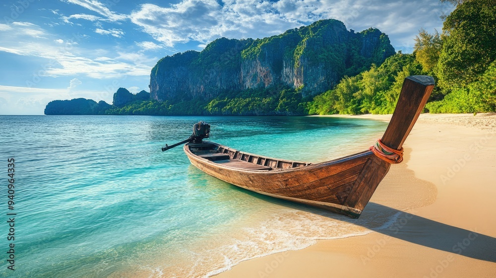 Fototapeta premium Long tail boat resting on a peaceful Koh Phi Phi beach, crystal-clear waters lapping at the sand, with green hills rising in the background.
