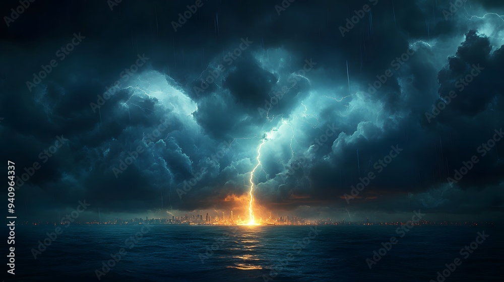 Fototapeta premium Thunderstorm with lightning striking a distant city skyline, extreme weather, electrifying