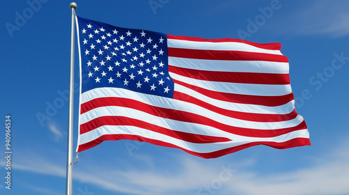 American flag waving proudly against a bright blue sky.