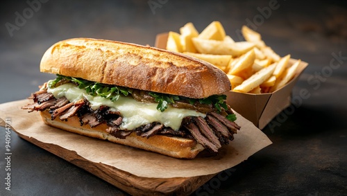 Indulge in a mouthwatering sandwich filled with tender, smoky brisket, fresh greens, and melted cheese, accompanied by crispy fries—perfect for a hearty meal experience! photo