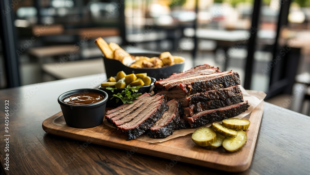 Savor the Flavor: Indulge in a Gorgeous Brisket Platter Featuring Tender Slices, Tantalizing BBQ Sauce, Crispy Fries, and Refreshing Pickles for a Delightful Meal Experience. Savor the Flavor: Indulge in a Gorgeous Brisket Platter Featuring Tender Slices, Tantalizing BBQ Sauce, Crispy Fries, and Refreshing Pickles for a Delightful Meal Experience.