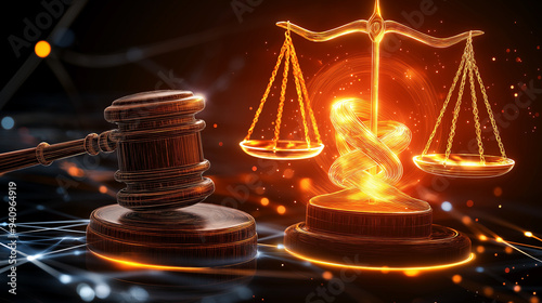 Gavel and scales of justice in glowing digital light. photo