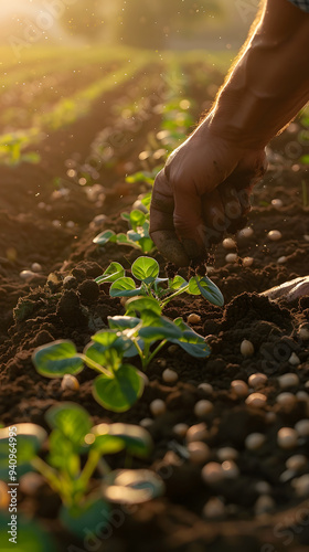 Working hands planting seeds in the soil, sunset background