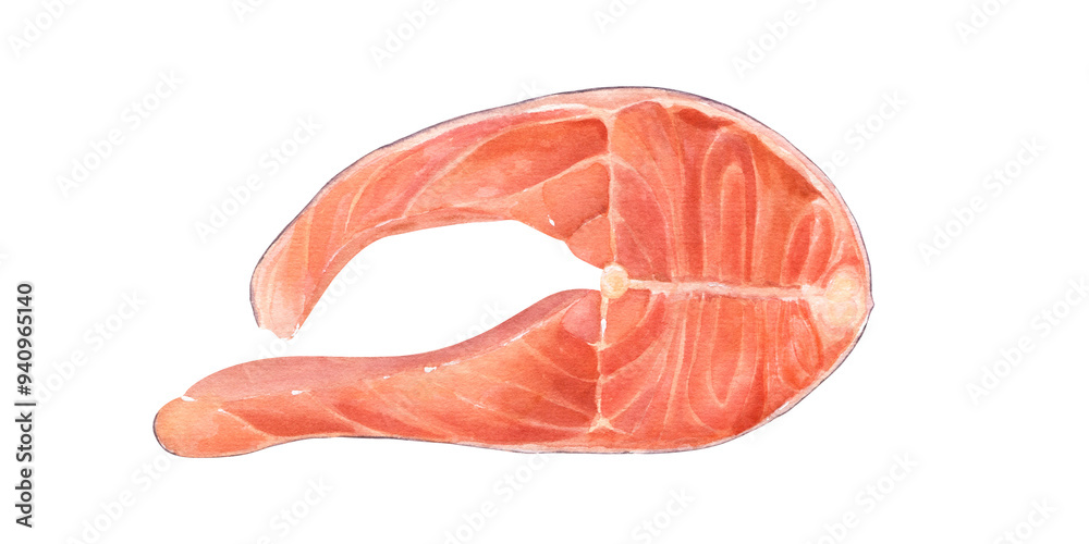 Raw fresh salmon steak watercolor food illustration. Coho, chinook slice. Trout fish hand drawn painting ingredient for seafood and marine recipes, menu, cookbook. Top view Raw fresh salmon steak watercolor food illustration. Coho, chinook slice. Trout fish hand drawn painting ingredient for seafood and marine recipes, menu, cookbook. Top view