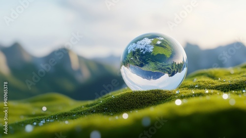 A luminous earth globe adorned with dewdrops sits atop lush green moss, surrounded by a tranquil, mountainous landscape illuminated by sunlight