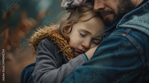 A father holds his crying daughter close, offering comfort and warmth in a peaceful outdoor setting photo