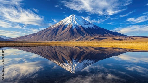 Nevado Licancabur Volcano rises above Laguna Chaxa, its reflection creating a breathtaking symmetry in the Atacama Desert, Chile. photo