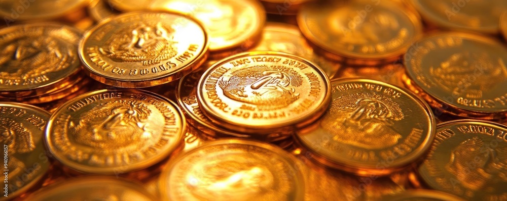 A stunning close-up shot of gleaming gold coins stacked together, showcasing their intricate details and rich color. A stunning close-up shot of gleaming gold coins stacked together, showcasing their intricate details and rich color.