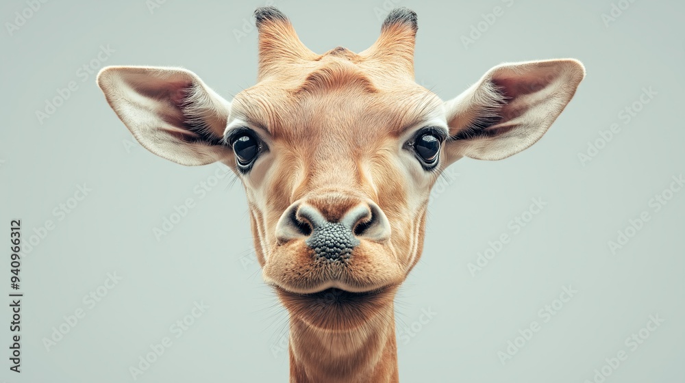 Naklejka premium Animated giraffe with a calm expression on a pale blue background