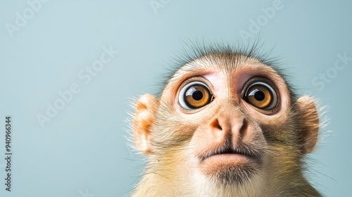 Surprised animated monkey with wide eyes on a soft blue background