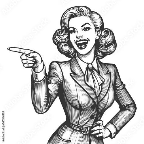 Businesswoman confident woman in vintage style suit pointing forward, sketch engraving generative ai fictional character vector illustration. Scratch board imitation. Black and white image.