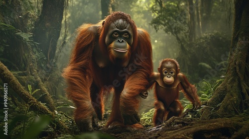 Orangutan mother and child traversing the forest floor, symbolizing the transfer of wisdom and the nurturing spirit. photo