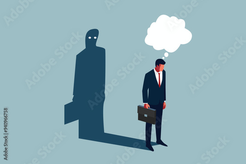 business crisis concept. sad businessman standing alone with creepy shadow. mix feeling of doubt - wonder - uncertain - worry - nervous . minimal cartoon flat vector illustration 