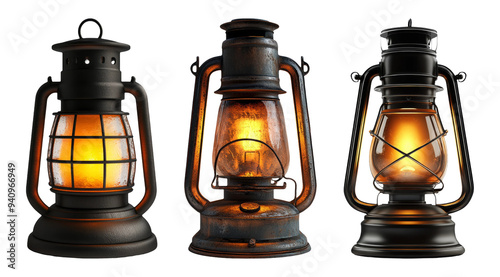 Antique oil lamps set isolated on transparent background vintage lighting devices