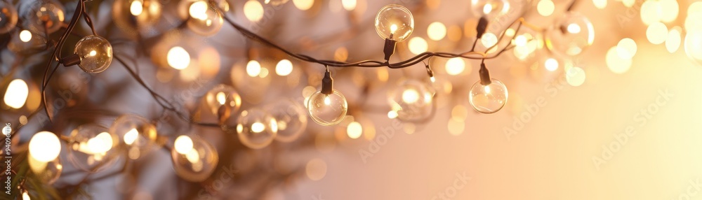 Festive warm LED holiday lights, 3D rendering, isolated on yellow, close-up, minimal cute design, with space for text