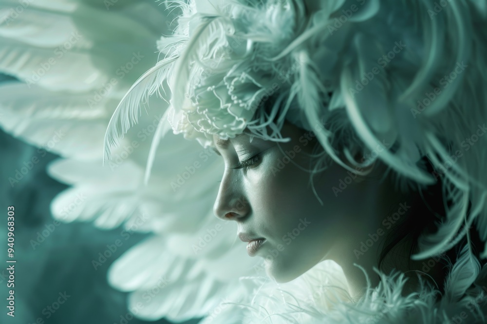 An angelic figure with a gentle expression and soft feathers, AI generated