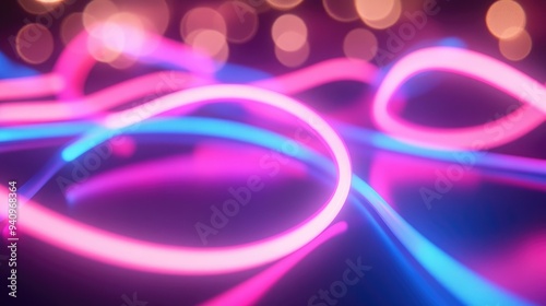 abstract background with pink blue glowing neon lines and bokeh lights