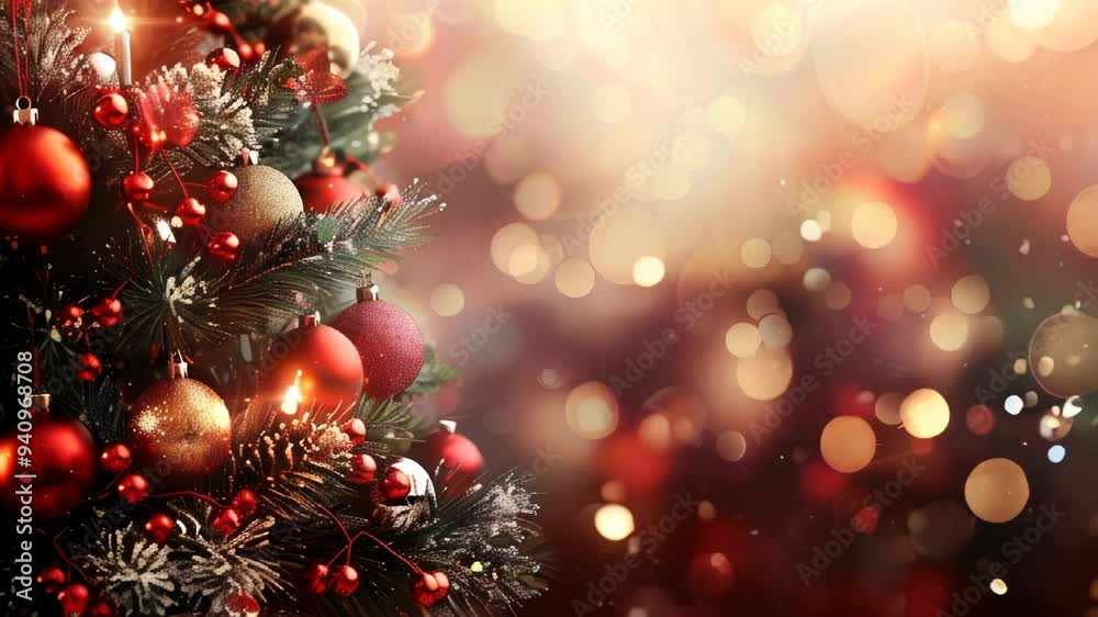 Christmas tree decorations with red and gold balls, lights, bokeh and a place for text Christmas tree decorations with red and gold balls, lights, bokeh and a place for text