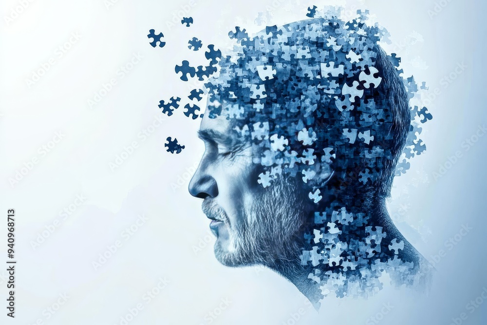 Digital illustration of a male silhouette dissolving into puzzle pieces symbolizing the fragility of memory mental health and the disintegration of identity in a minimalist conceptual art style Digital illustration of a male silhouette dissolving into puzzle pieces symbolizing the fragility of memory mental health and the disintegration of identity in a minimalist conceptual art style