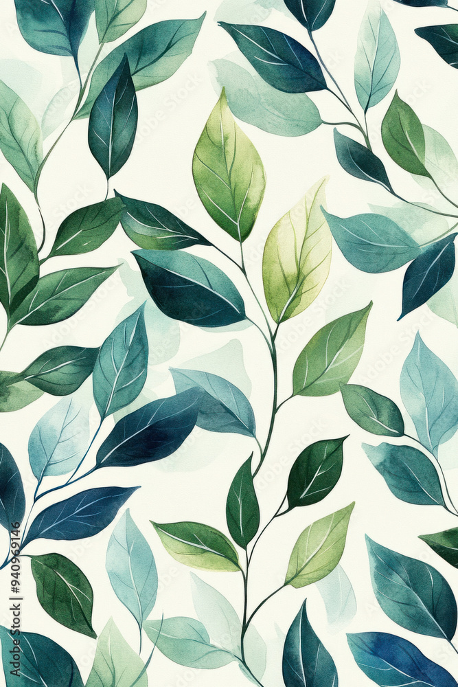 Leaves Pattern, A beautifully detailed pattern of green and blue watercolor leaves on a clean white background, featuring soft colors and intricate designs Leaves Pattern, A beautifully detailed pattern of green and blue watercolor leaves on a clean white background, featuring soft colors and intricate designs