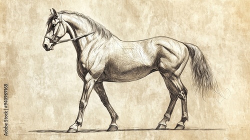 The Lord Continues Speaking to Job - Illustration of The Lord Describing the Horse’s Majesty and Strength, Beige Background