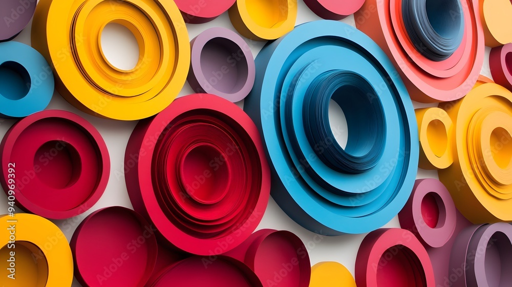 66. Abstract 3D wall art with concentric circle paper cutouts in a bold, contrasting color scheme 66. Abstract 3D wall art with concentric circle paper cutouts in a bold, contrasting color scheme