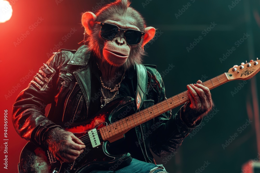 Obraz premium Rockstar Monkey: A monkey in a leather jacket, ripped jeans, and sunglasses, holding an electric guitar on a stage