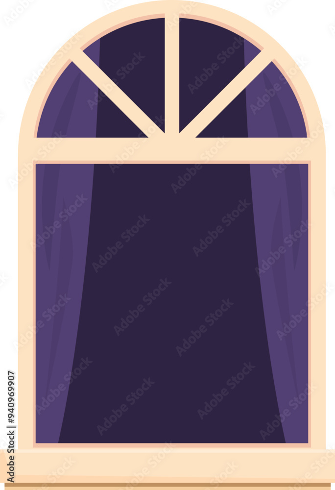 Arched window with curtains covering the glass at night, providing privacy and a cozy atmosphere Arched window with curtains covering the glass at night, providing privacy and a cozy atmosphere