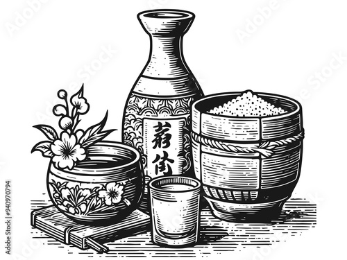 Template national Japanese alcoholic drink sake. Bottle and glass. Raster, generative ai.